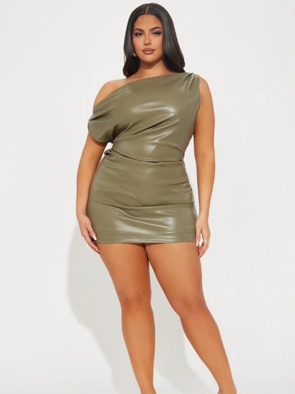 Fashion Nova One-Shoulder Olive Faux Leather Mini Dress - Picture 3 of 4